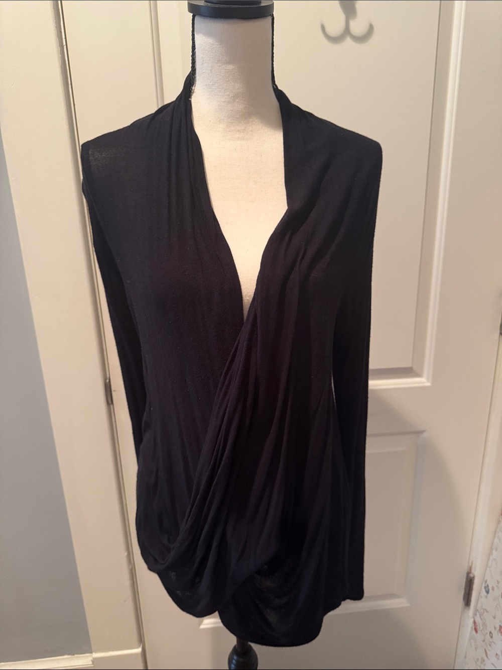 Black Draped V-Neck Long Sleeve Top